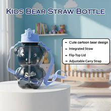 Kids Cartoon Bear Water Bottle with Straw & Shoulder Strap (1 Pc)